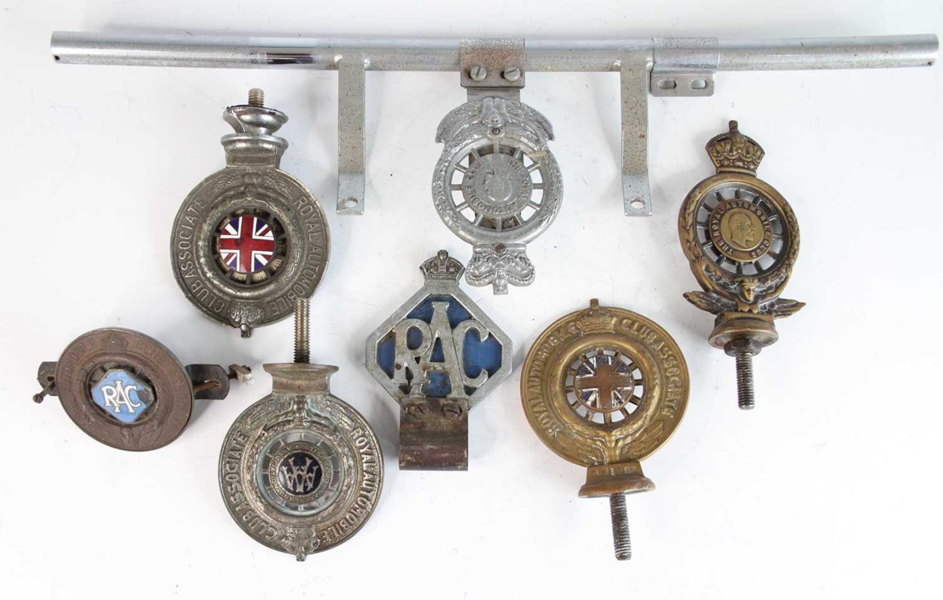 A collection of six various RAC cast metal car badges, some with enamel detail; together with a