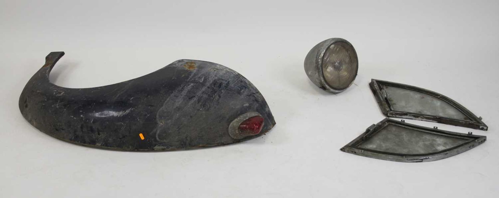 Two vintage Daimler quarter lights, removed from a Daimler ambulance, a Daimler headlamp, and a - Image 3 of 6