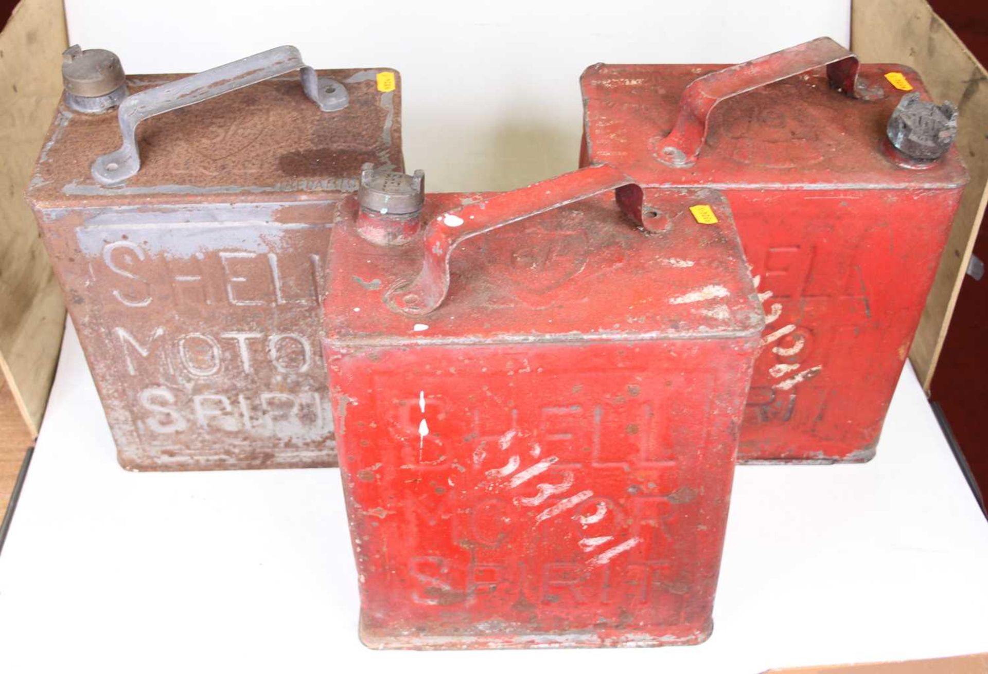A pair of Shell red pained metal fuel cans, together with one other grey painted example (3) - Image 2 of 4