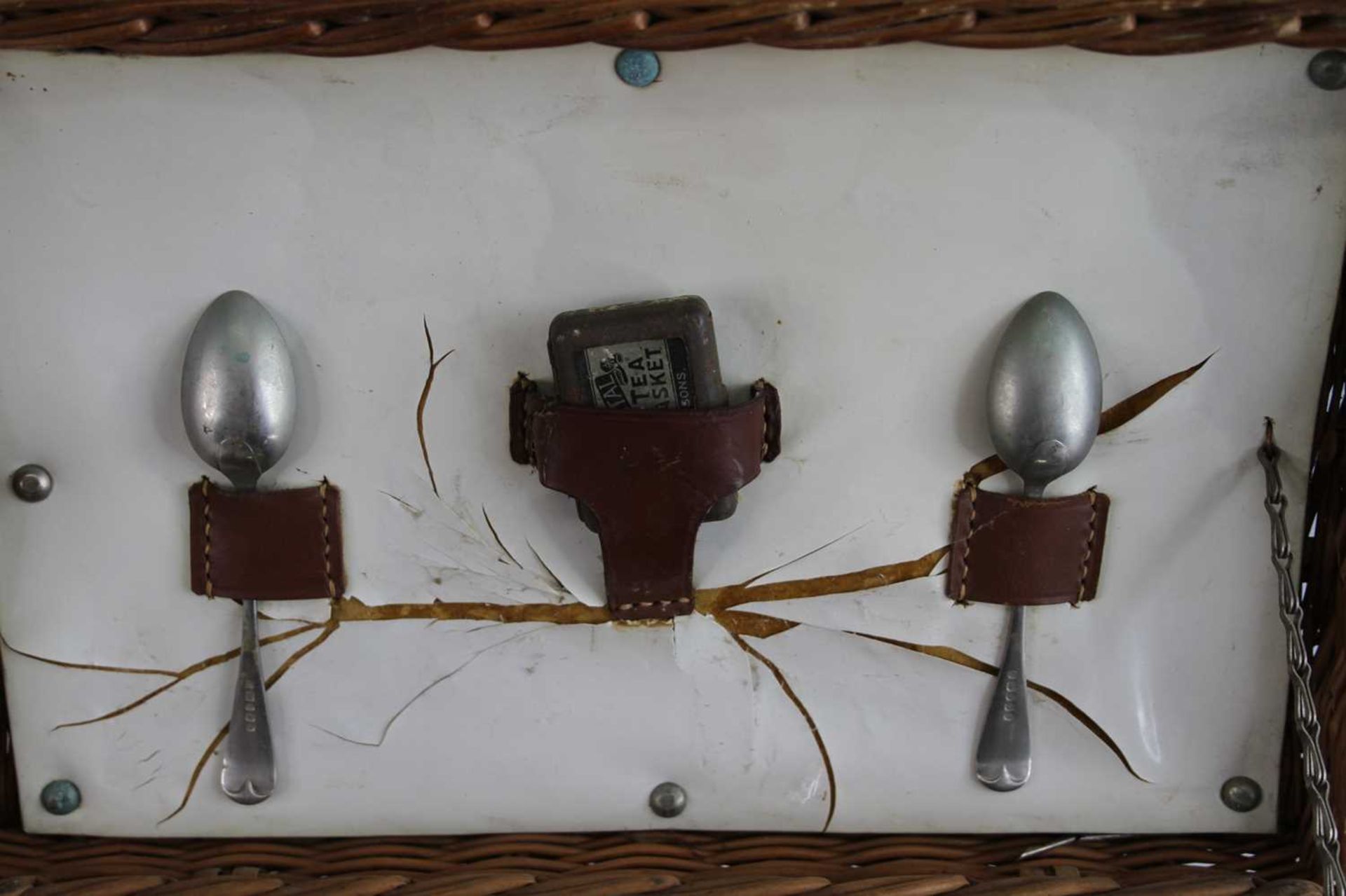 An early 20th century motorists wicker tea basket and contents, to include a spirit kettle, sandwich - Image 3 of 4