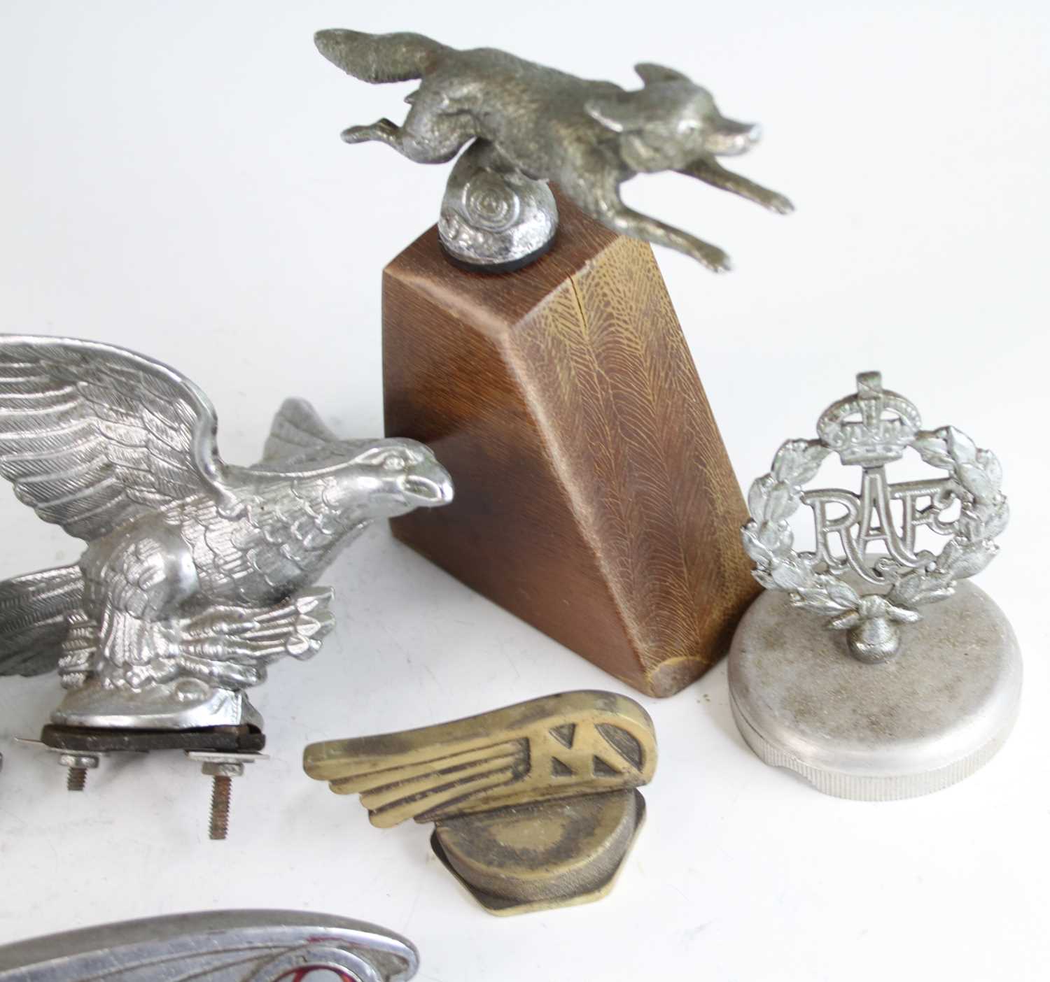 A collection of eight various vintage chromed metal and brass car mascots, to include a stylised - Image 3 of 3