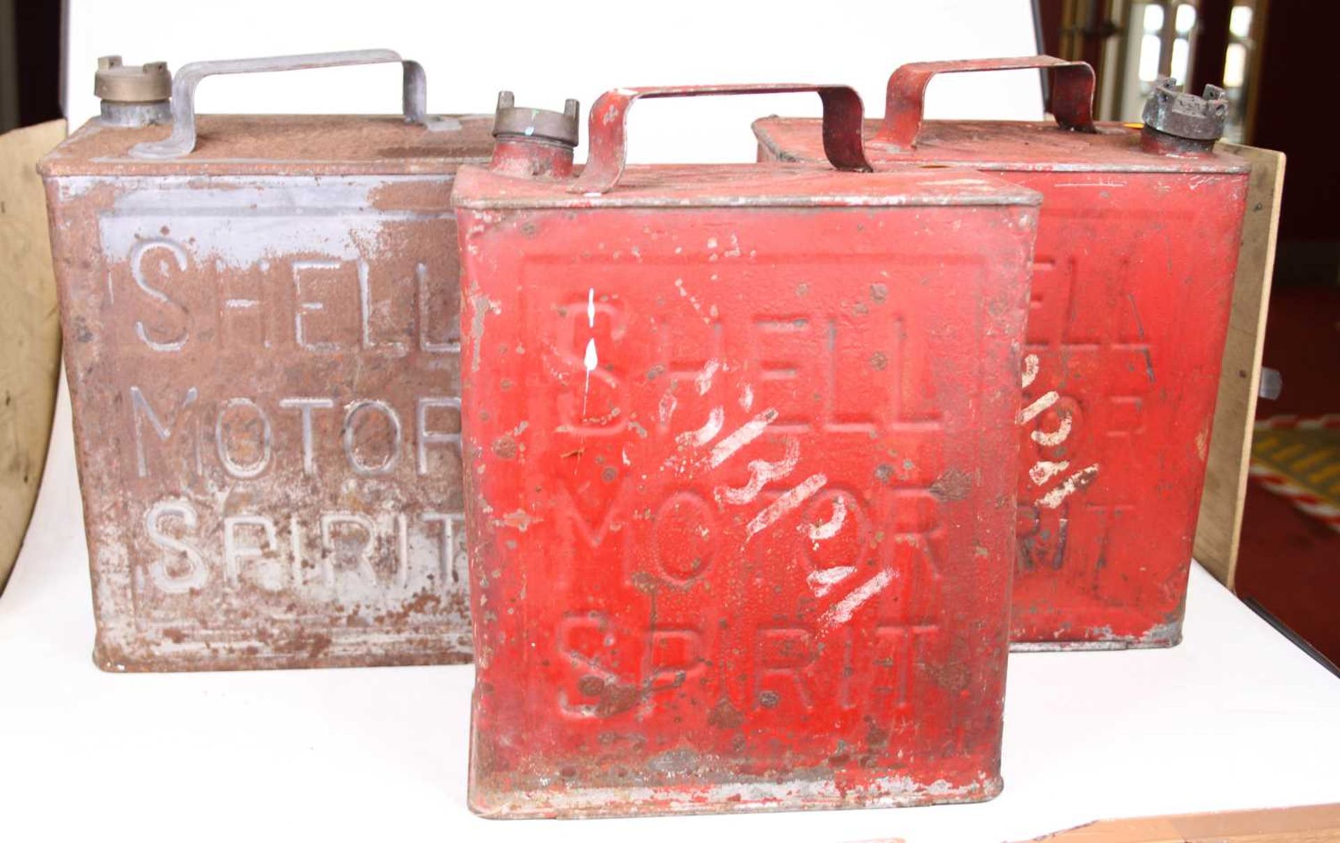 A pair of Shell red pained metal fuel cans, together with one other grey painted example (3) - Image 3 of 4