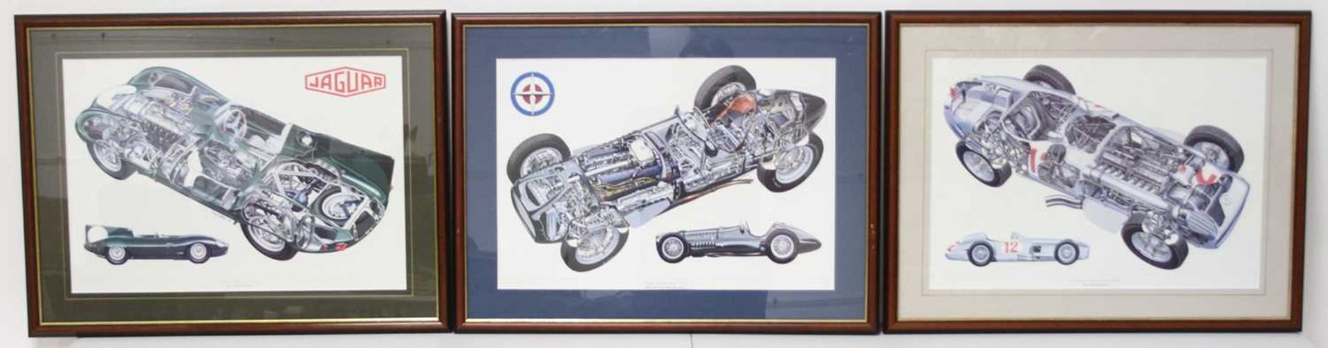 A set of three diagram prints, for 1955 Mercedes Benz W193, 1955 Jaguar D-type, and 1952 BRM MkI