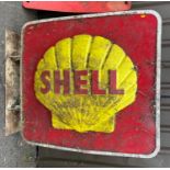 A large Shell roadside illuminated sign, in red and yellow moulded plastic, having anodised metal