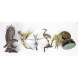 Assorted mascots, to include chrome eagle, brass winged female nude, brass bird of prey etc (6)