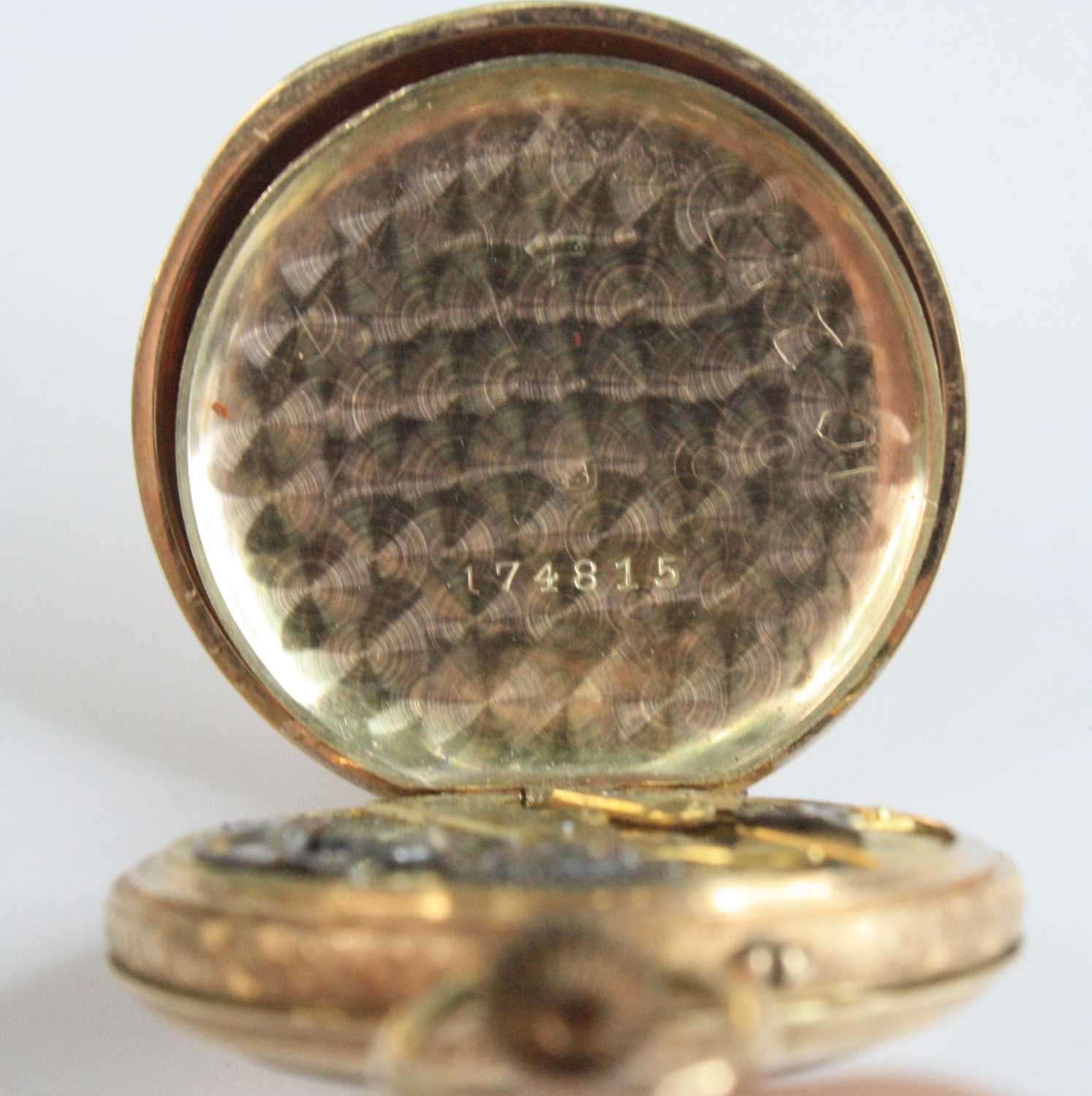 A lady's 12ct gold open faced pocket watch, having finely engraved case, gilded Roman dial and - Image 6 of 6