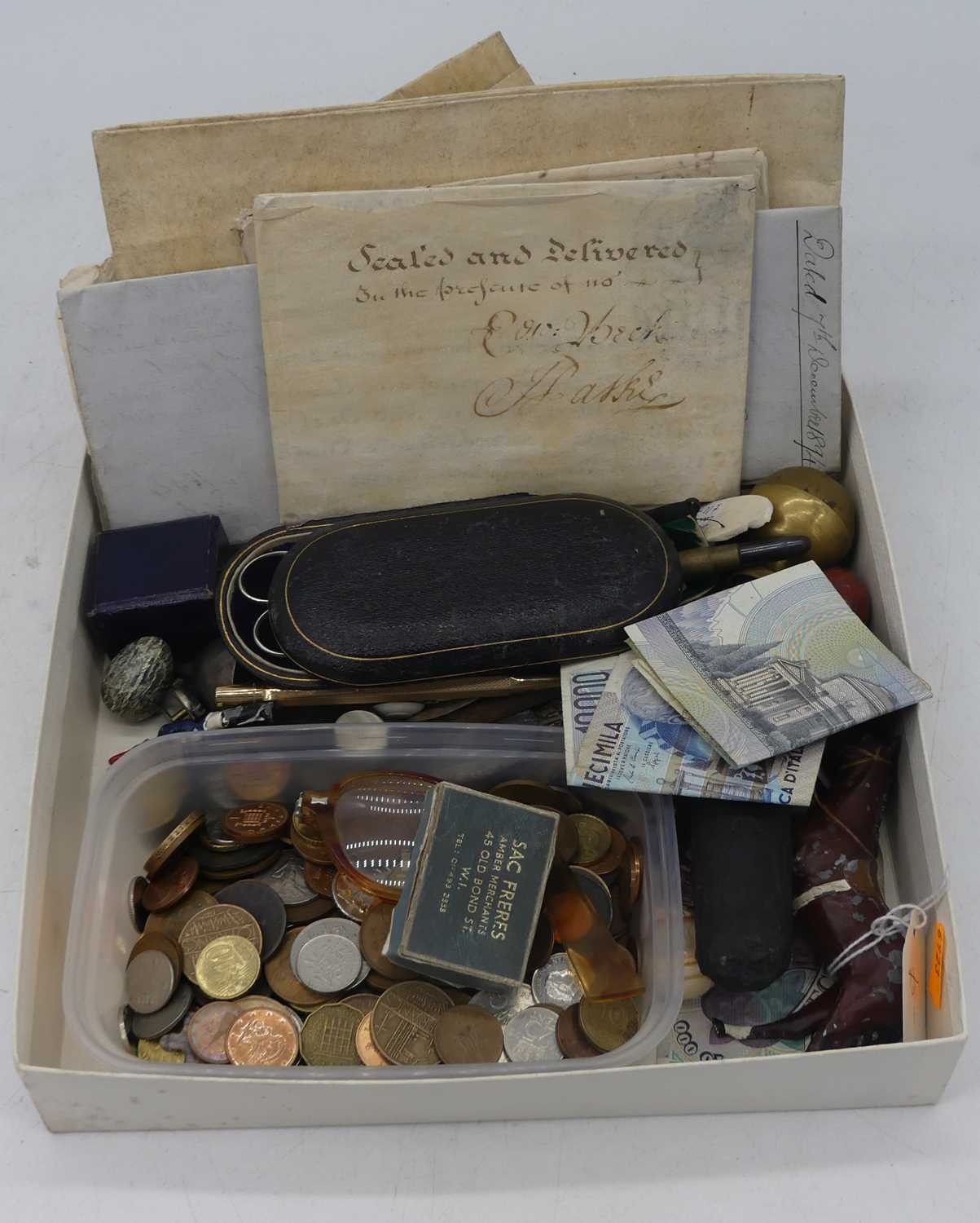 Miscellaneous items to include coinage, a rolled gold pencil, lead painted horse etc