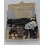 Miscellaneous items to include coinage, a rolled gold pencil, lead painted horse etc