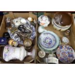 Two boxes of ceramics and metal wares to include a Devon Motto ware jardiniere, and a silver