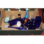 A box of glassware, metalware and ceramics, to include Bristol Blue vases