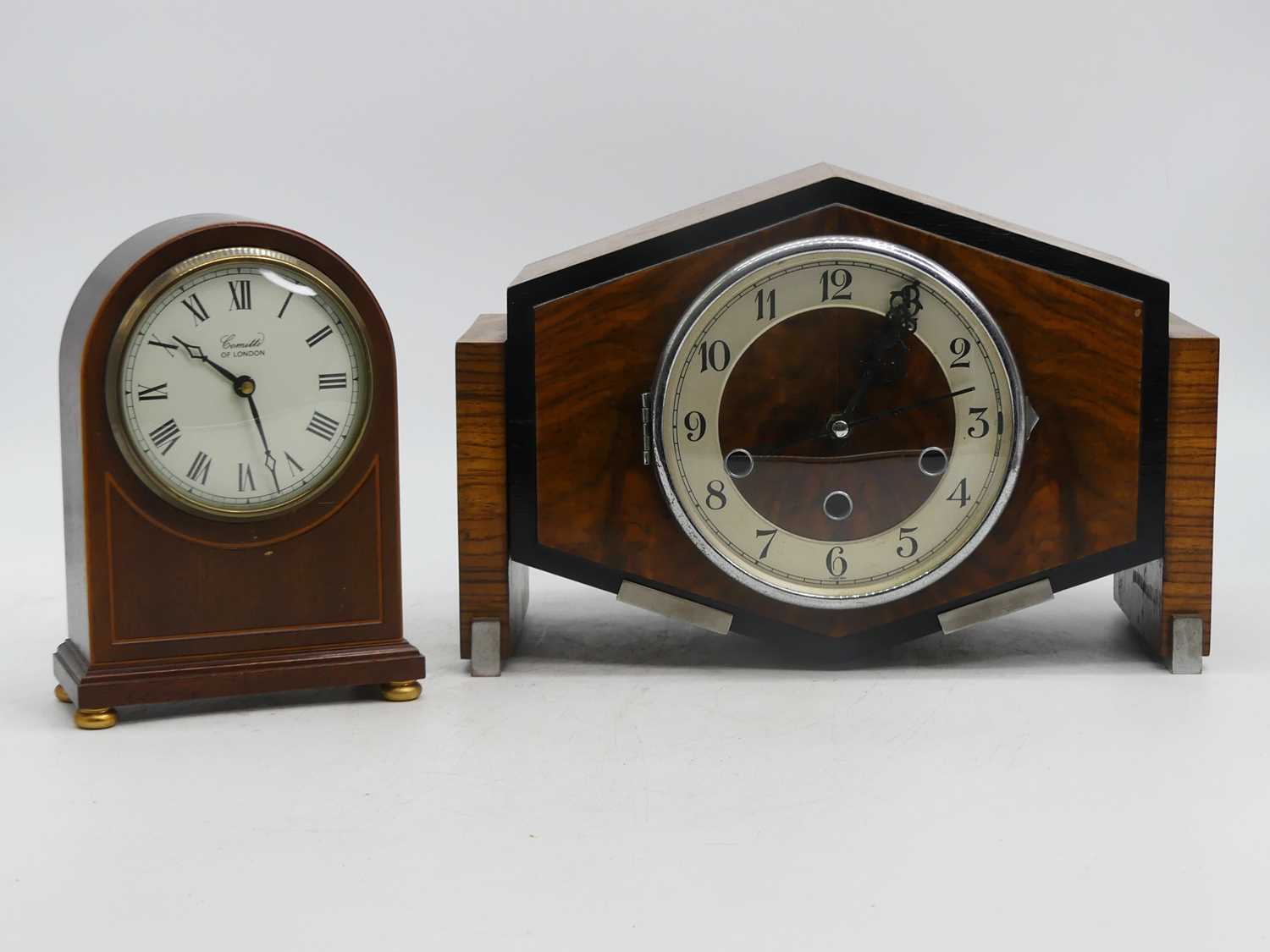 An Art Deco walnut cased 8-day mantel clock, height 22cm, together with a further mahogany cased
