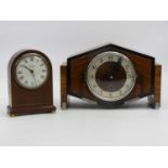 An Art Deco walnut cased 8-day mantel clock, height 22cm, together with a further mahogany cased