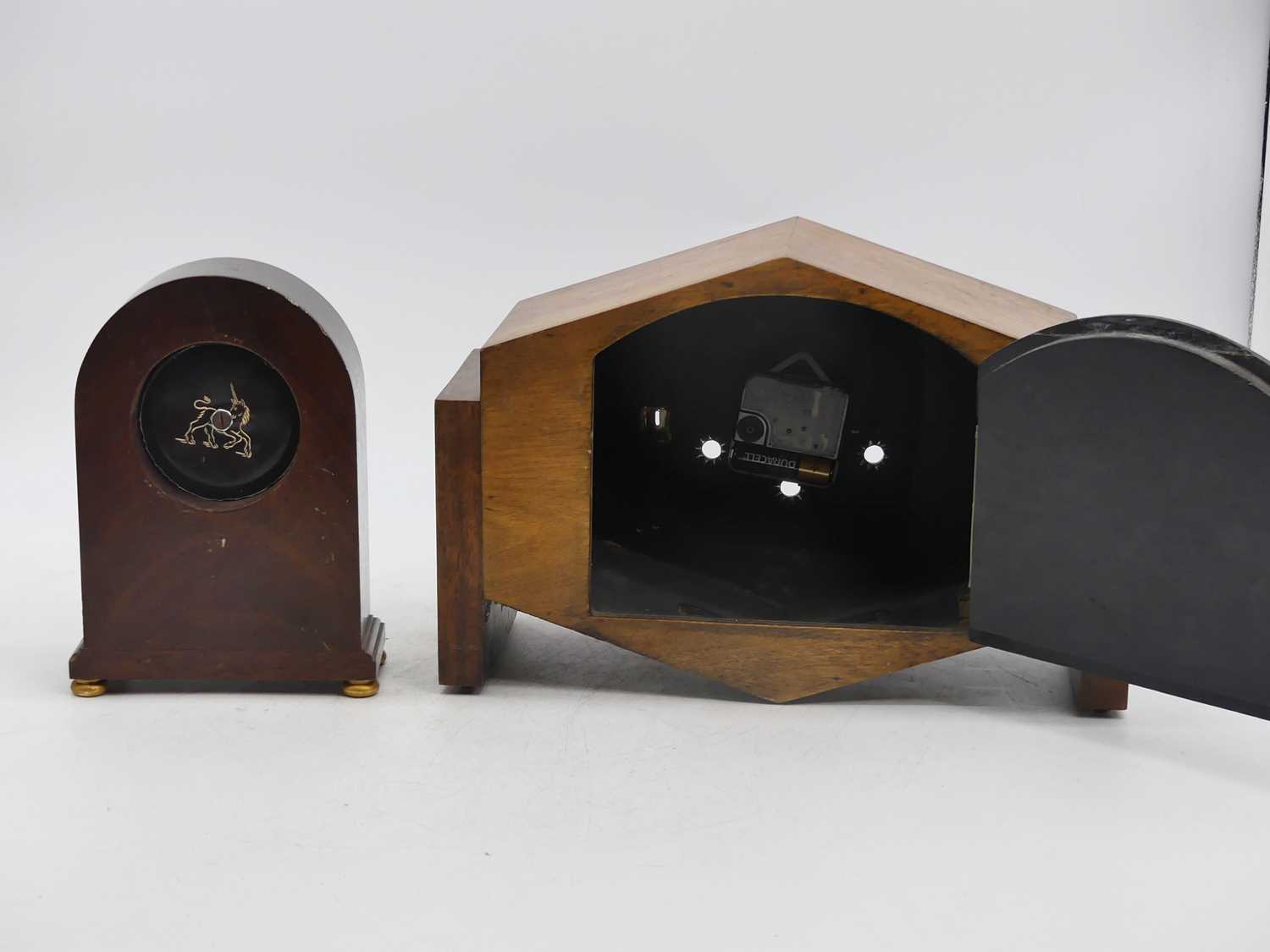 An Art Deco walnut cased 8-day mantel clock, height 22cm, together with a further mahogany cased - Image 2 of 2