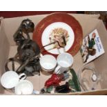 A box of items to include Minton plates, novelty bottle coaster, and a Dartington Crystal mantel