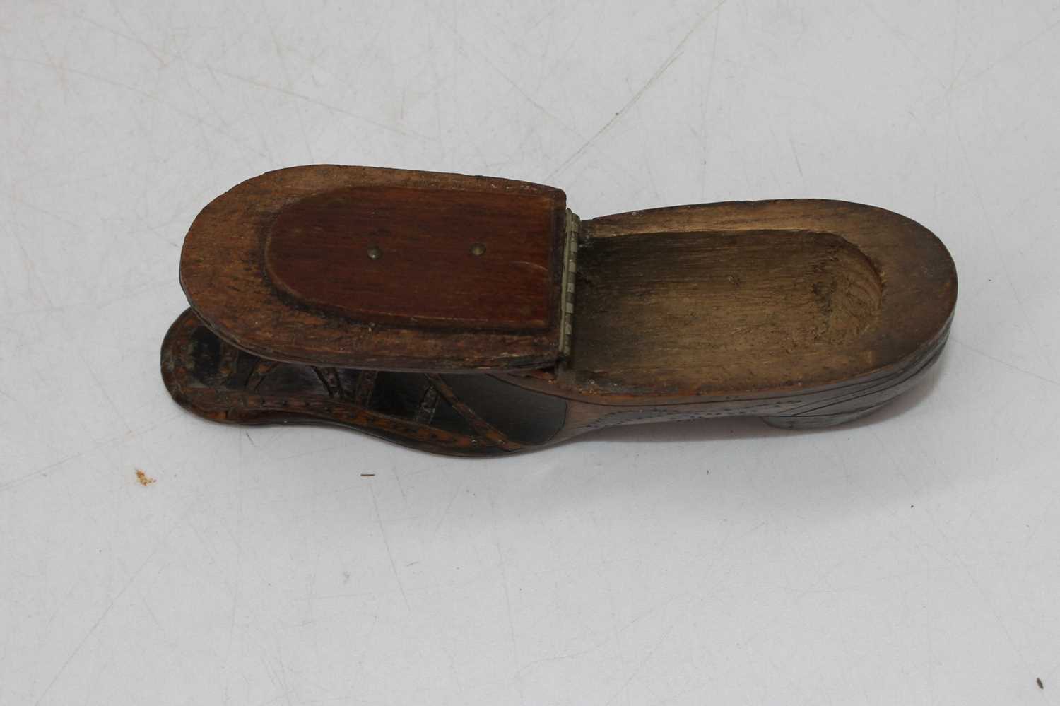 A 19th century carved walnut piquet work snuff box in the form of a shoe, length 12cm - Image 2 of 3