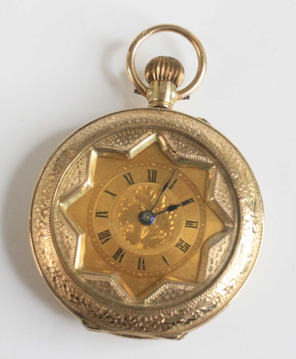 A lady's 12ct gold open faced pocket watch, having finely engraved case, gilded Roman dial and