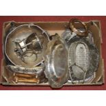 Two boxes of silver plated items to include teapots, mugs, dishes