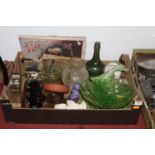 A box of glassware and other items, to include a purple and clear art glass vase of dimpled form,