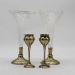 Two pressed glass spill vases on silver plated bases, height 27cm, together with a pair of Art