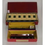 A Hornby Dublo TPO mail van set, 00 gauge 2-rail, together with a Hornby Dublo engine shed (2-