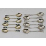 A set of six Art Deco silver teaspoons, each having blue and green enamel terminal, Birmingham 1931,