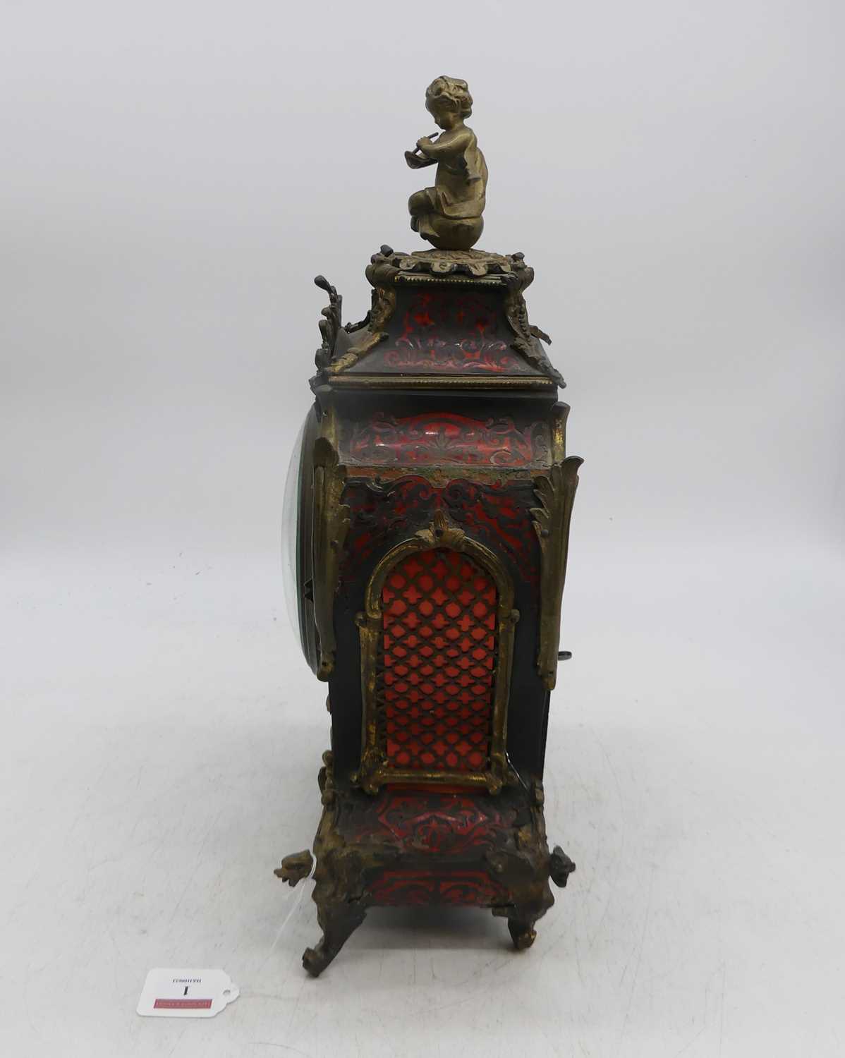 A 19th century French red tortoiseshell and boulle inlaid 8-day mantel clock, having enamelled Roman - Image 3 of 10