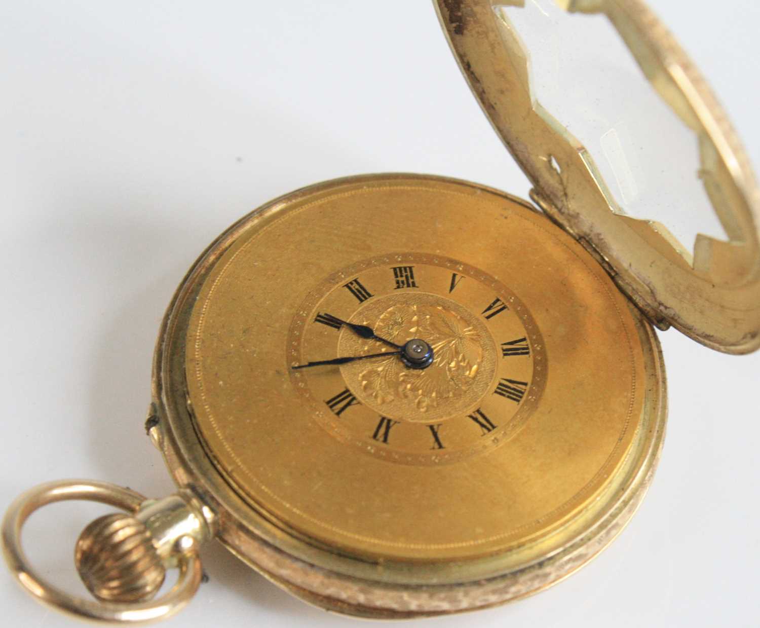 A lady's 12ct gold open faced pocket watch, having finely engraved case, gilded Roman dial and - Image 3 of 6