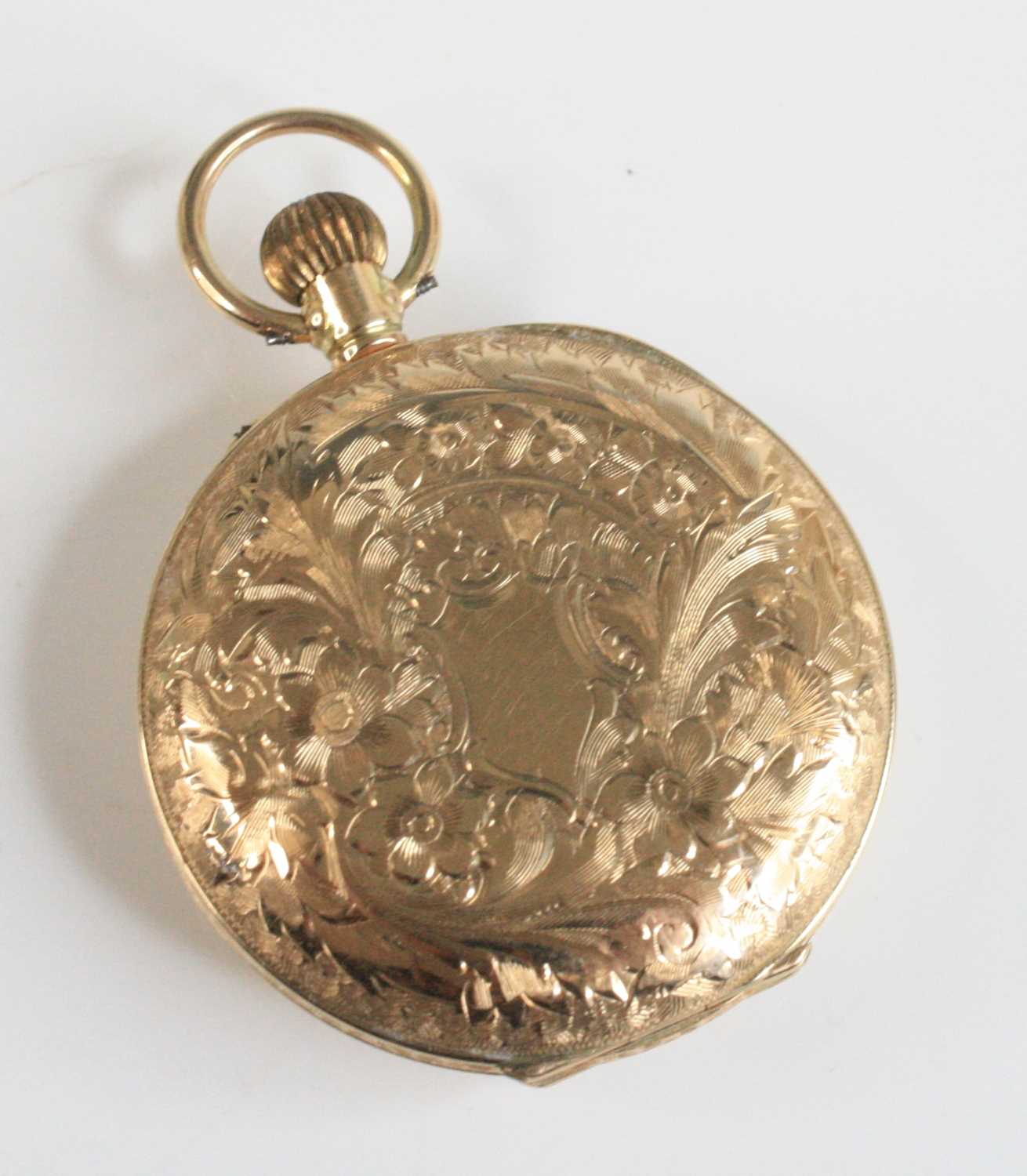 A lady's 12ct gold open faced pocket watch, having finely engraved case, gilded Roman dial and - Image 2 of 6