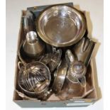 A box of silver plated items to include a glass claret jug with silver plated mounts, toast rack,