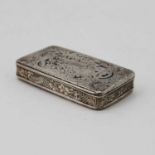 A 19th century white metal snuff box of rectangular form and C-scrolling decoration, 2.1oz troy