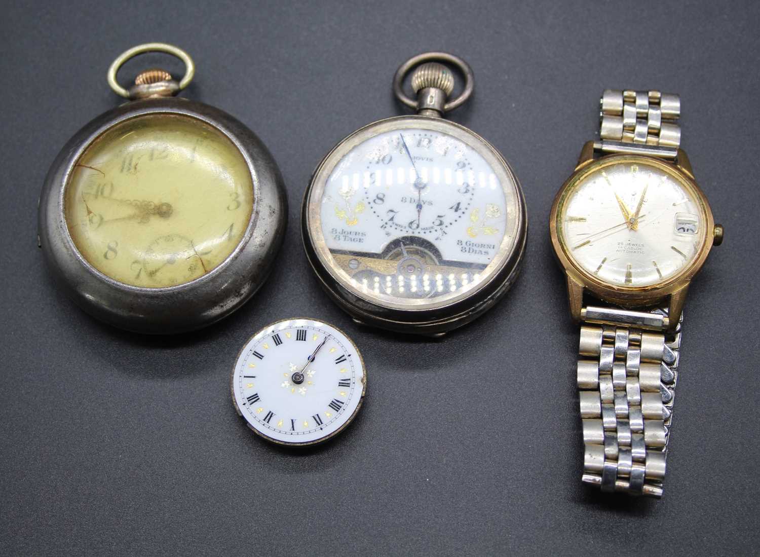 A silver cased gent's open faced pocket watch, with French 8-day movement, having visible