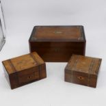 A Victorian walnut and ebonised box, width 33cm, together with two further Victorian Tunbridge