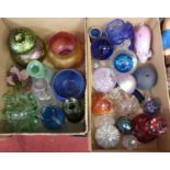 Two boxes of coloured glassware to include a PMCD millefiore glass paperweight and a ruby overlaid