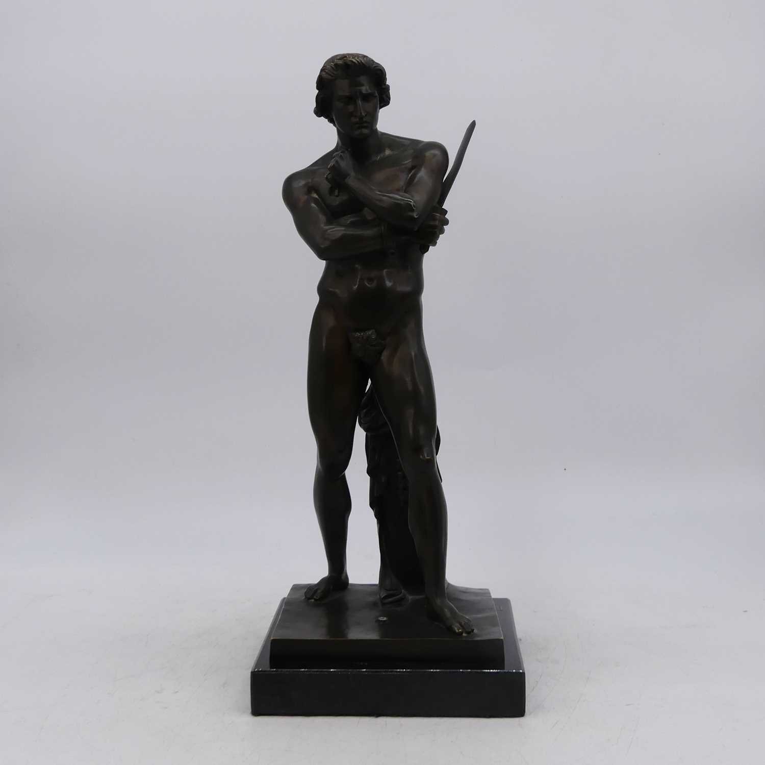 After Foyatier, a bronze figure of Sparticus, shown in standing pose, mounted upon a polished