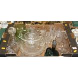 A box of glassware to include cut glass decanters, liqueur glasses, and a cut glass bowl