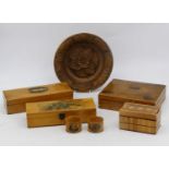 A collection of treen, to include a Victorian mauchlin ware box, and napkin ring