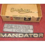 A quantity of construction and haulage related name plaques to include Perkins Diesel and Gardner,
