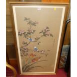A Japanese framed watercolour on silk decorated with birds and branches, signed in script with red