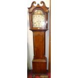 A circa 1800 Scottish oak and mahogany long case clock having arched painted dial, twin winding