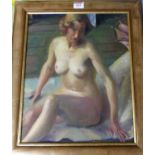 Mid-20th century English school - Seated female nude, oil on canvas board, 40 x 33cm