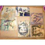 Six various studio pottery tiles, each decorated with portrait study