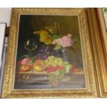 20th century school - Still life with fruit on a wooden ledge, oil on canvas, indistinctly signed
