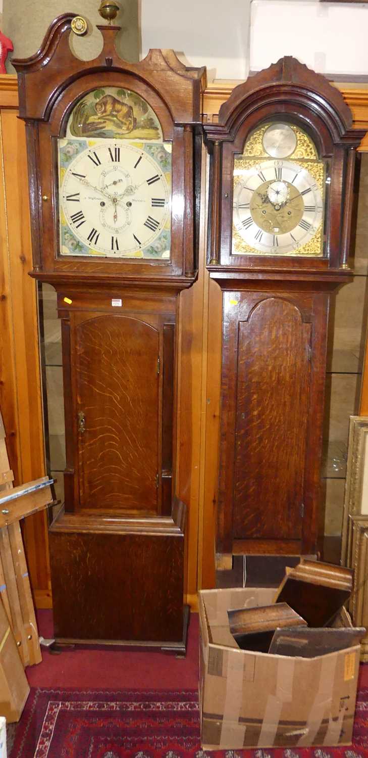 An early 19th century oak long case clock, having a painted arch dial signed A Wightman Moffat, twin