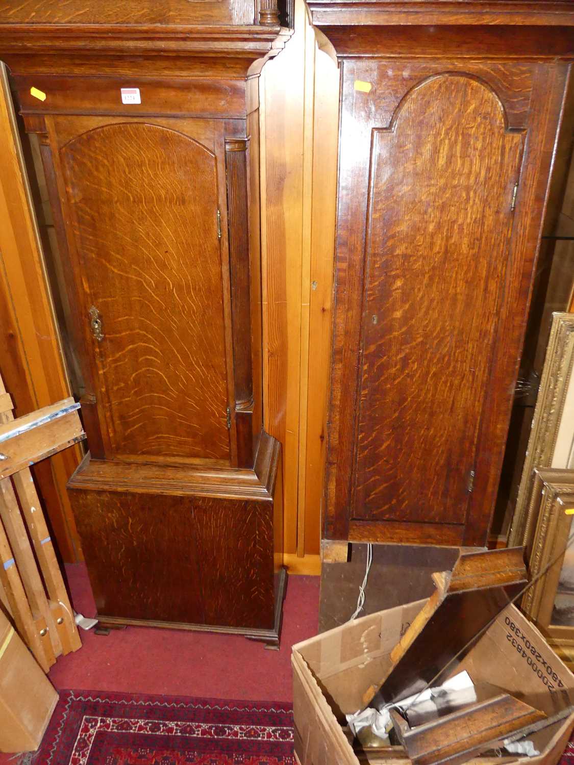 An early 19th century oak long case clock, having a painted arch dial signed A Wightman Moffat, twin - Image 5 of 5