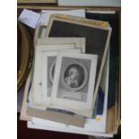 A collection of unframed pictures and prints to include portrait studies in oil, assorted engravings