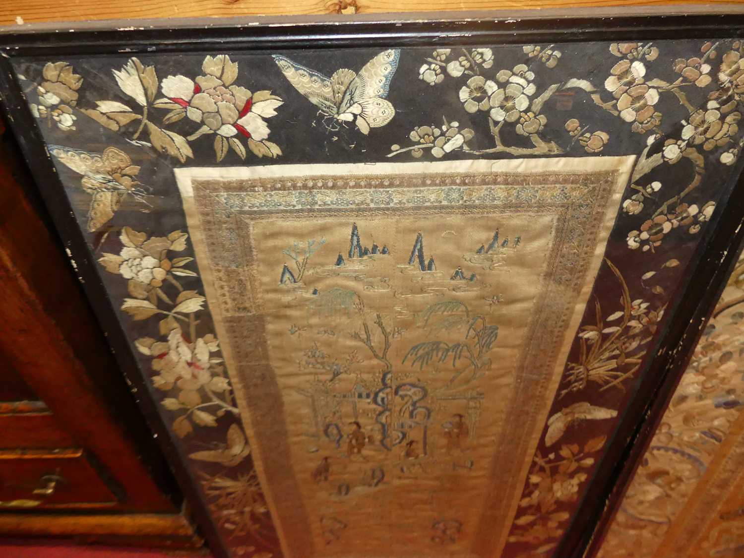 A Japanese Meiji period woven silkwork panel, depicting figures in a landscape, within a border - Image 4 of 6