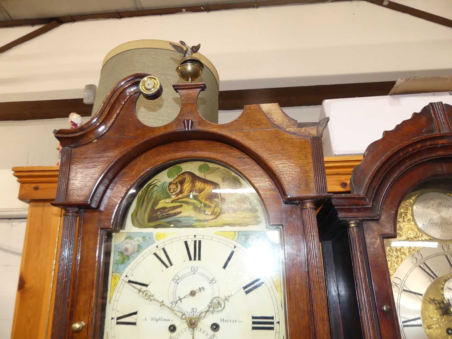 An early 19th century oak long case clock, having a painted arch dial signed A Wightman Moffat, twin - Image 4 of 5