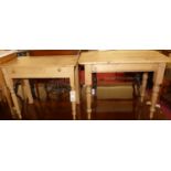 A rustic pine round cornered kitchen side table, raised on turned supports, length 95.5cm,