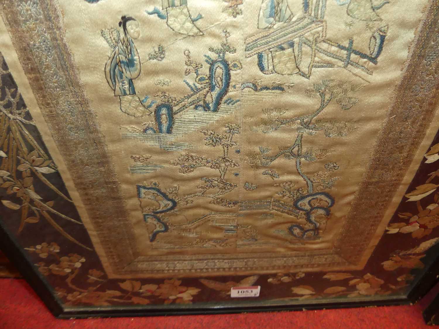 A Japanese Meiji period woven silkwork panel, depicting figures in a landscape, within a border - Image 6 of 6