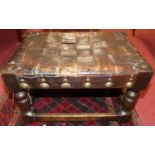 An oak tan leather interlaced and brass studded low rectangular foot stool, width 42cm